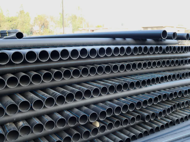 Stacked lengths of finished HDPE pipe