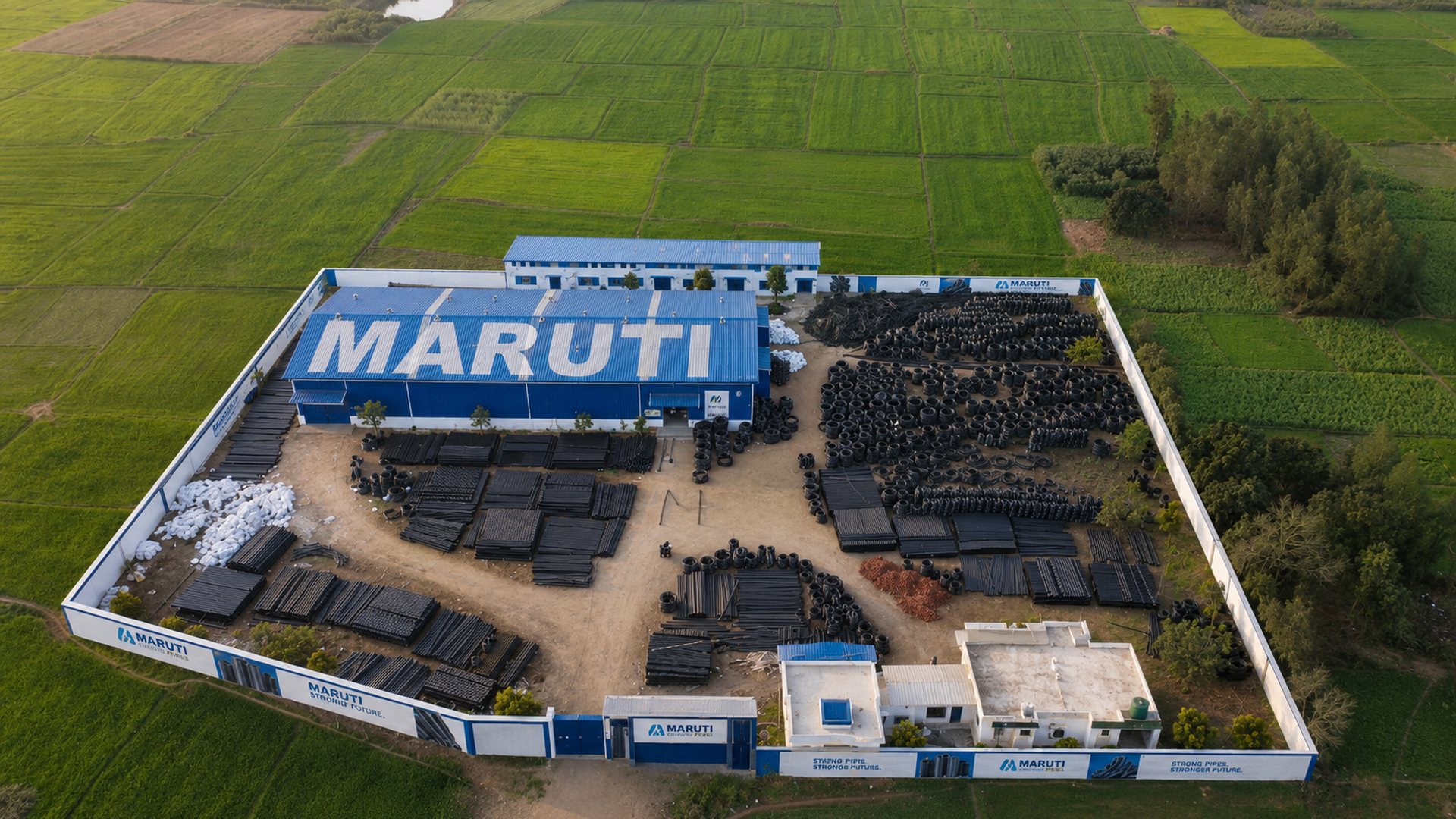 Aerial view of the Maruti Pipes works at Nepalgunj, with the company name on the roof and stock in the yard