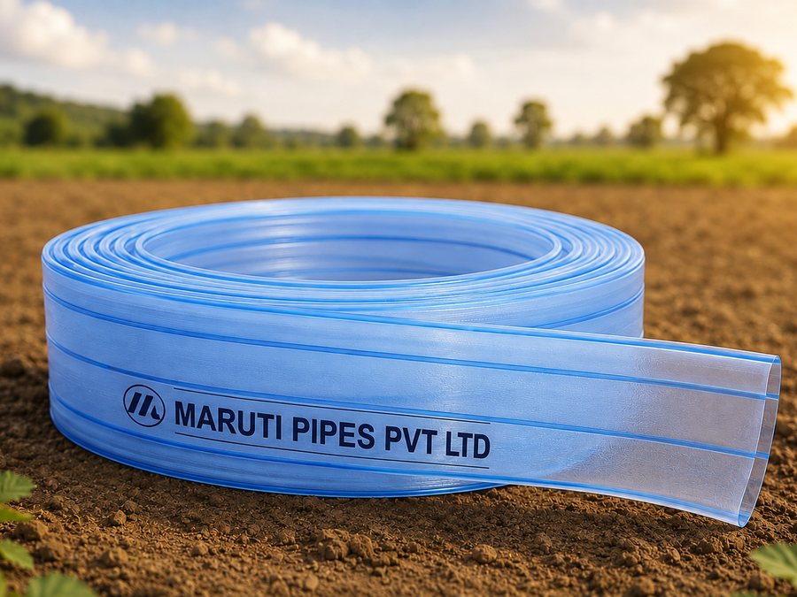 Coil of blue Maruti Pipes Pvt. Ltd. lay-flat delivery pipe on a ploughed field
