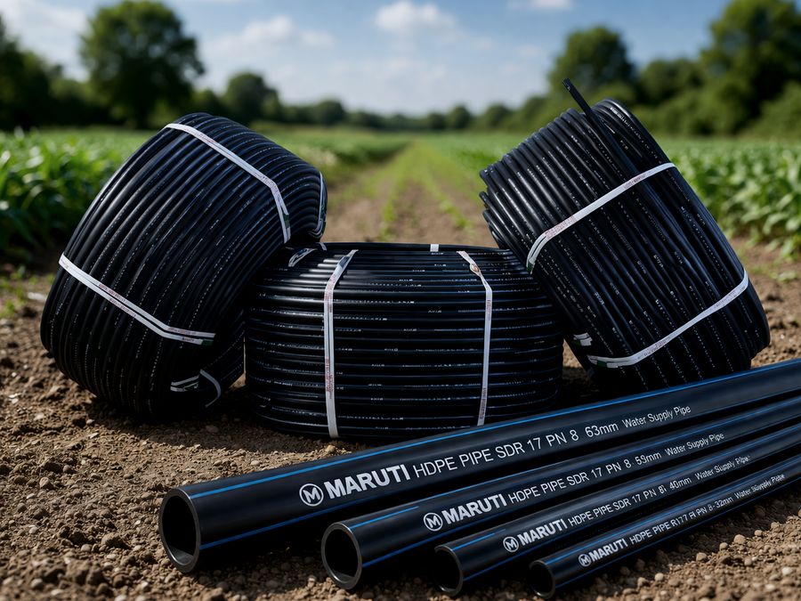 Coils and lengths of black Maruti HDPE pipe at the edge of a field